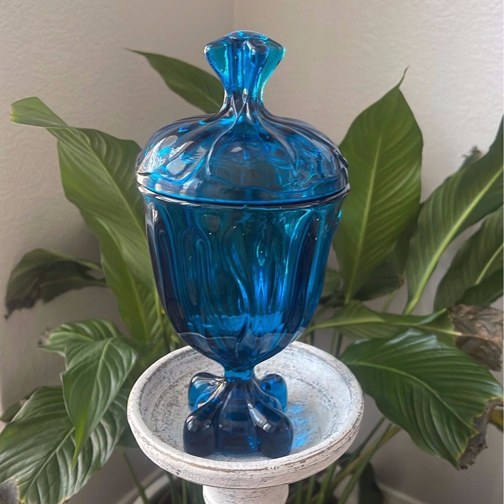 Blue Glass Candy Jar Modern Footed Jar